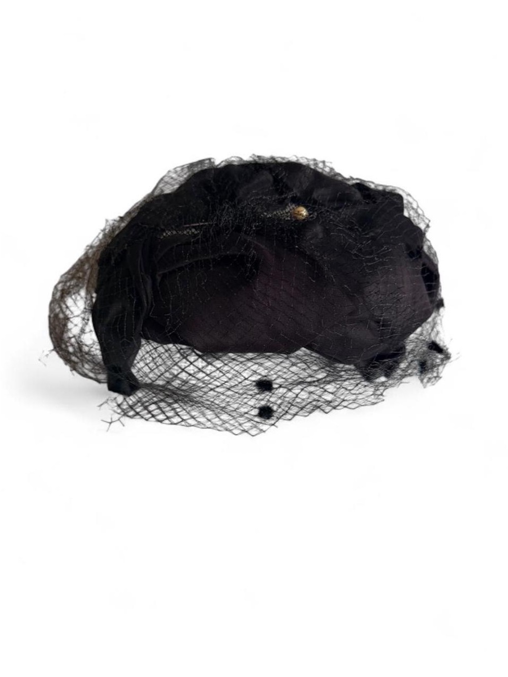 Vintage 1950s Black Silk Pillbox Hat Birdcage Veil Pearl Pin Union Tag